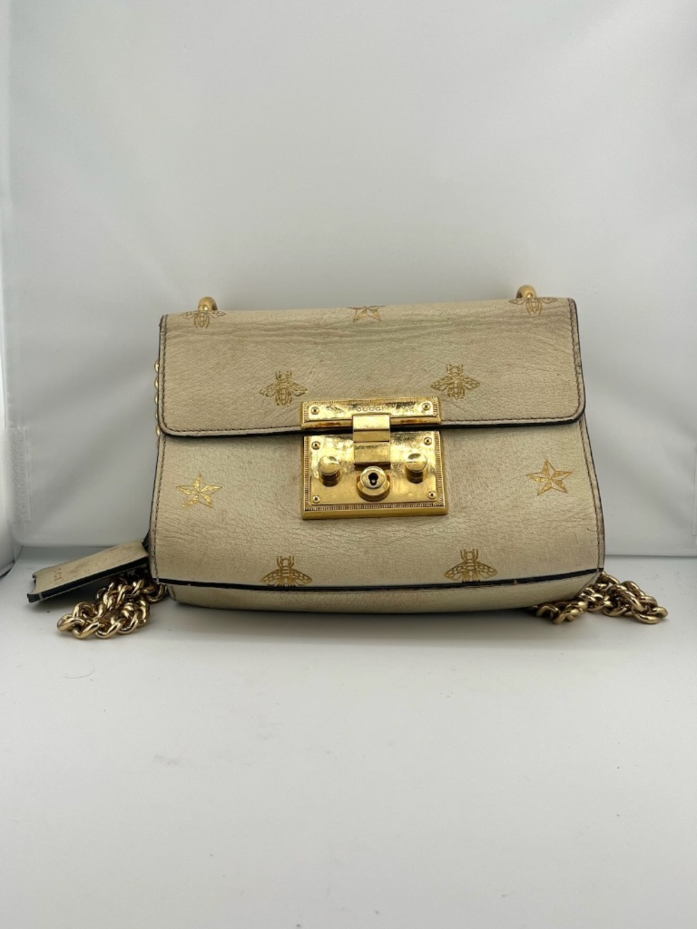 #R11 Gucci Padlock Bee Star Small Shoulder Bag Leather and Embroidery Lt Beige